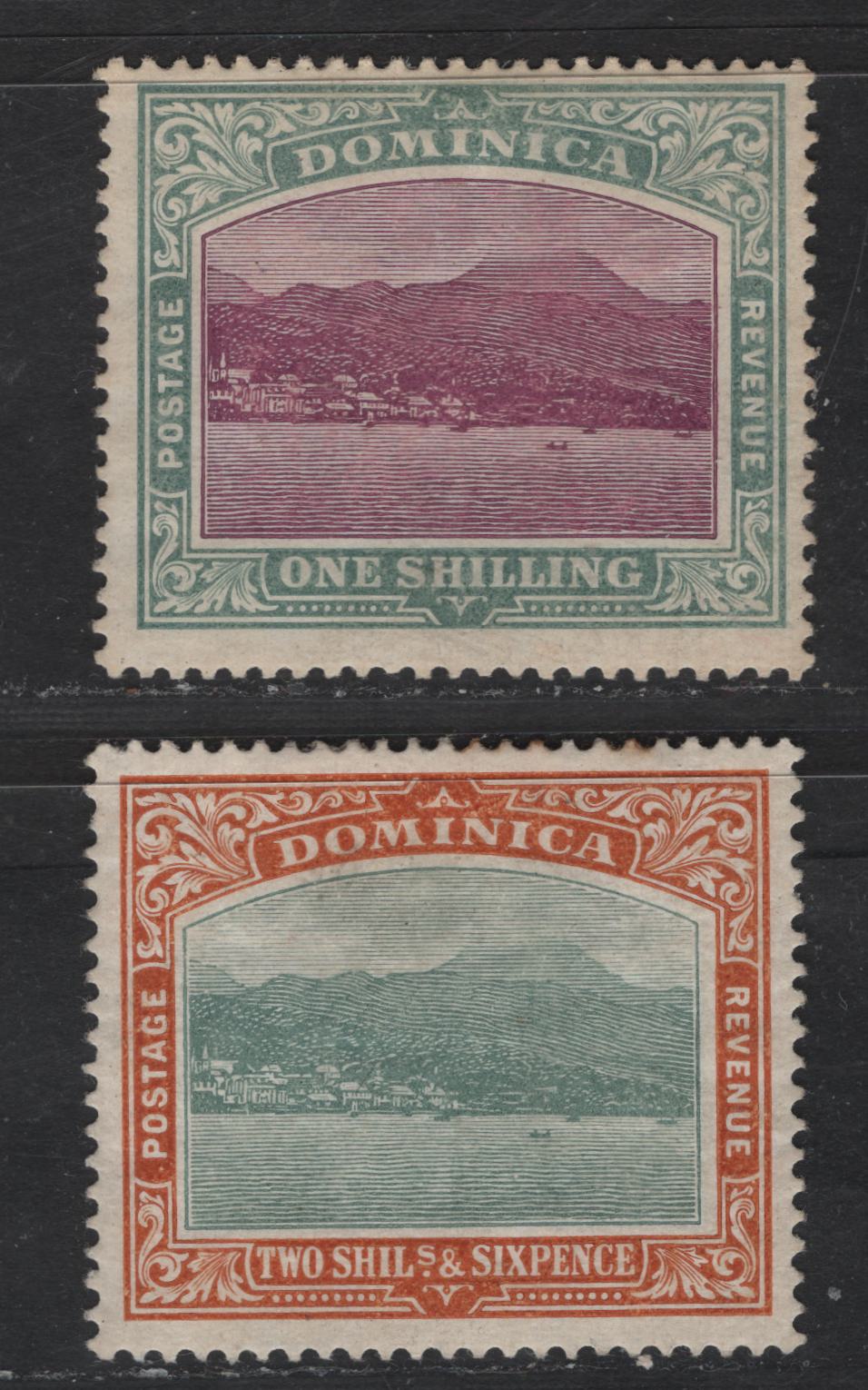 Lot 169 Dominica SG#43, 45 1/- - 2/6 Magenta & Gray Green - Gray Green & Mauve Roseau from the Sea, 1907-1908 Roseau View Issue, 2 F/VFOG Singles, Chalk Surfaced Paper, Multiple Crown CA Wmk With Crown To Right Of CA