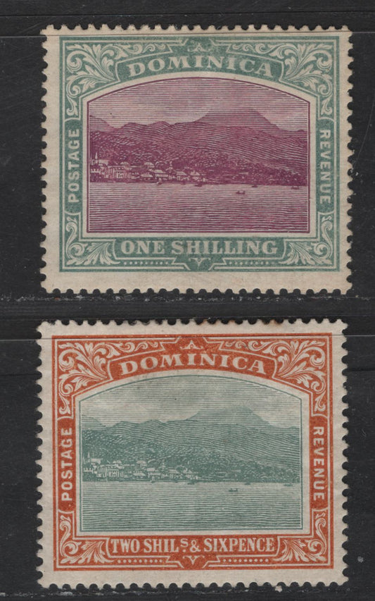 Lot 169 Dominica SG#43, 45 1/- - 2/6 Magenta & Gray Green - Gray Green & Mauve Roseau from the Sea, 1907-1908 Roseau View Issue, 2 F/VFOG Singles, Chalk Surfaced Paper, Multiple Crown CA Wmk With Crown To Right Of CA