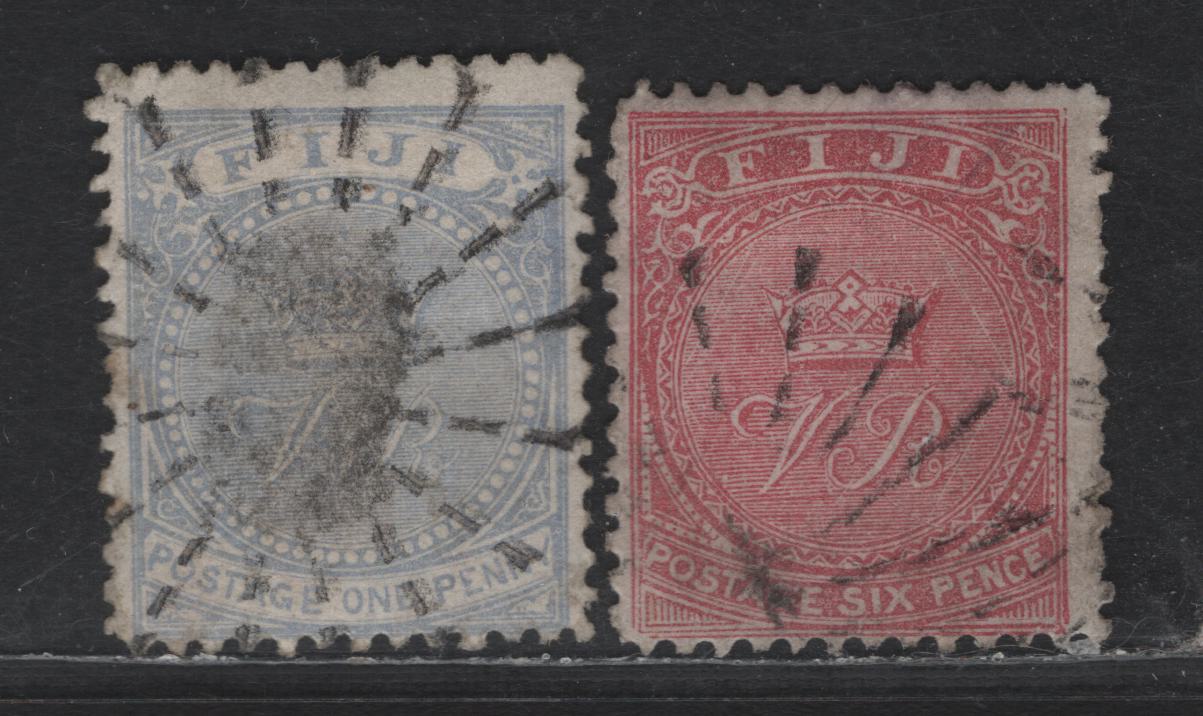 Lot 173 (C) Fiji SG#35, 38 1d - 6d Pale Ultramarine - Rose Emblems, 1878-1899 Emblems Issue, 2 Fine Used Singles, Perf 12.5
