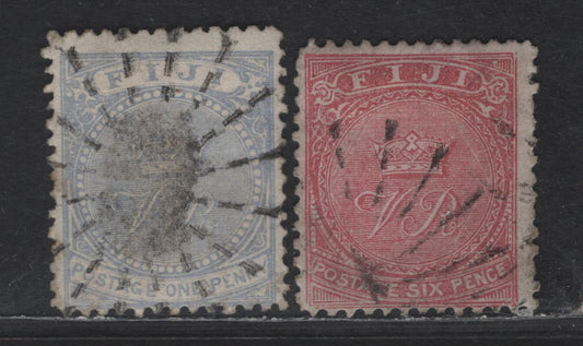 Lot 173 (C) Fiji SG#35, 38 1d - 6d Pale Ultramarine - Rose Emblems, 1878-1899 Emblems Issue, 2 Fine Used Singles, Perf 12.5