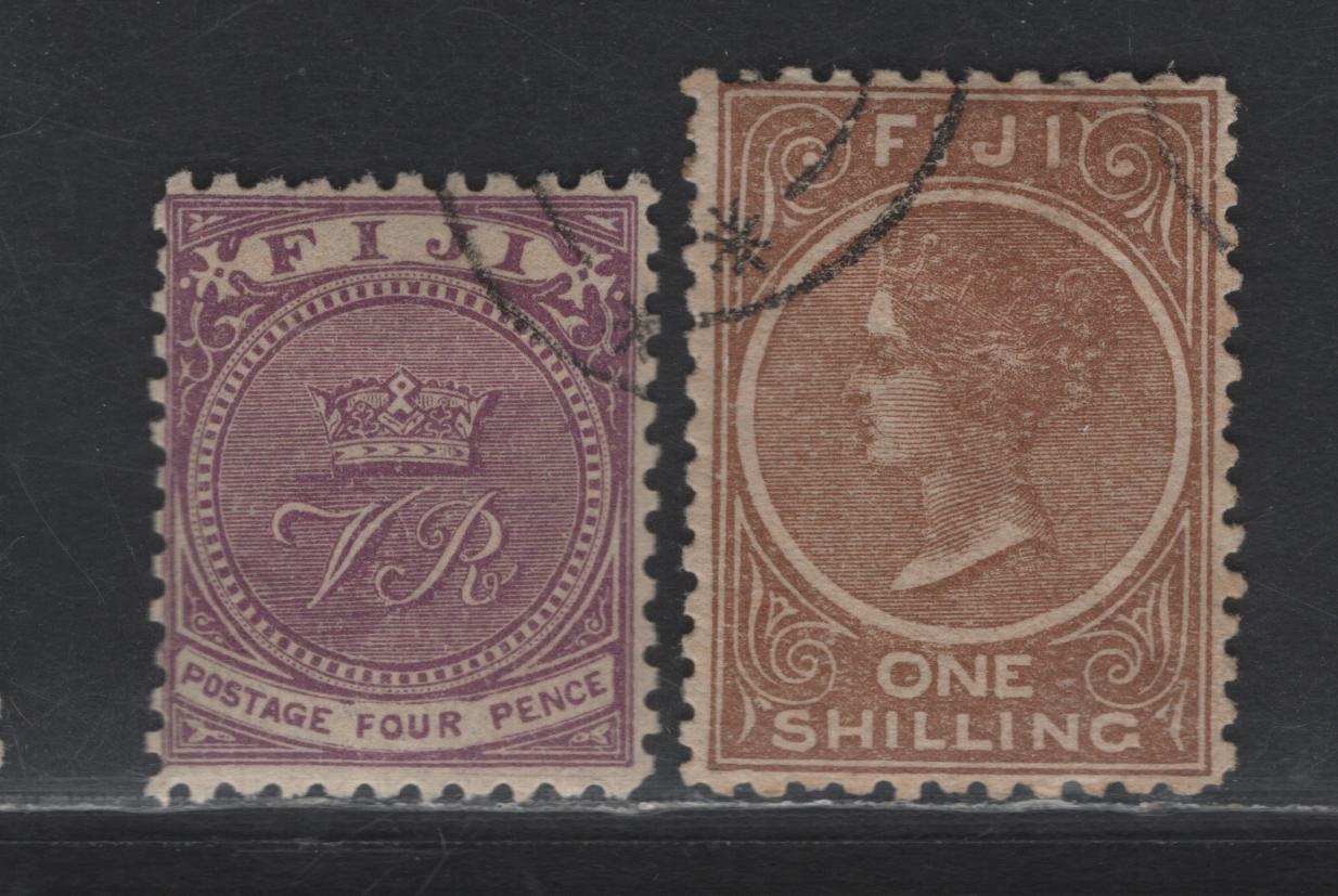 Lot 176 (C) Fiji SG#58a, 68a 4d - 1/- Bright Purple - Brown Emblems - Queen Victoria, 1878-1899 Emblems - Queen Victoria Issues, 2 Fine/Very Fine Used Singles, Perfs 11x11.75