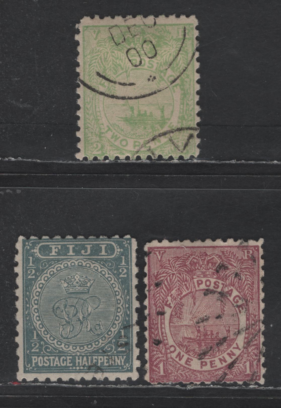 Lot 178 Fiji SG#76, 88, 89a 1/2d - 2d Slate Gray = Emerald Emblem - Native Canoe, 1891-1898 Native Canoe & Emblem Issue, 3 Fine Used Singles Perfs 10 (1/2d) & 11 (Rest), ,