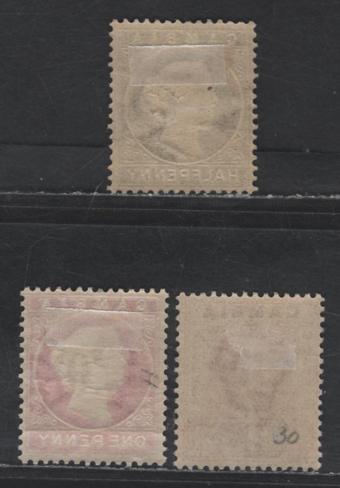Lot 180 Gambia SG#21, 23a, 47 1/2d - 2d Myrtle Green - Orange & Mauve Cameos - King Edward VII, 1886-1905 Cameo - King Edward VII Keyplate Issues, 3 VG/FOG Singles, Crown CA Sideways & Crown CA Wmks, 1d Has A Horizontal Gum Crease