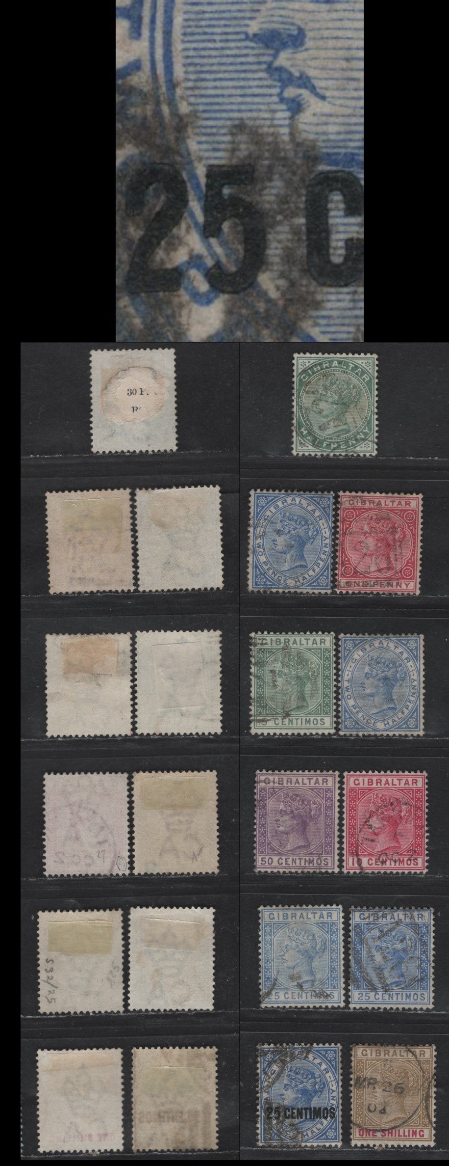 Lot 181 (C) Gibraltar SG#8, 40, 42, 18a, 22-23, 28, 26, 26a, 45 1/2d - 1/- Dull Green - Bistre & Carmine Queen Victoria, 1886-1898 Queen Victoria Keyplate Issue, 10 Fine/Very Fine Used Singles, 25c on 2.5d Has The Short Foot On '5'