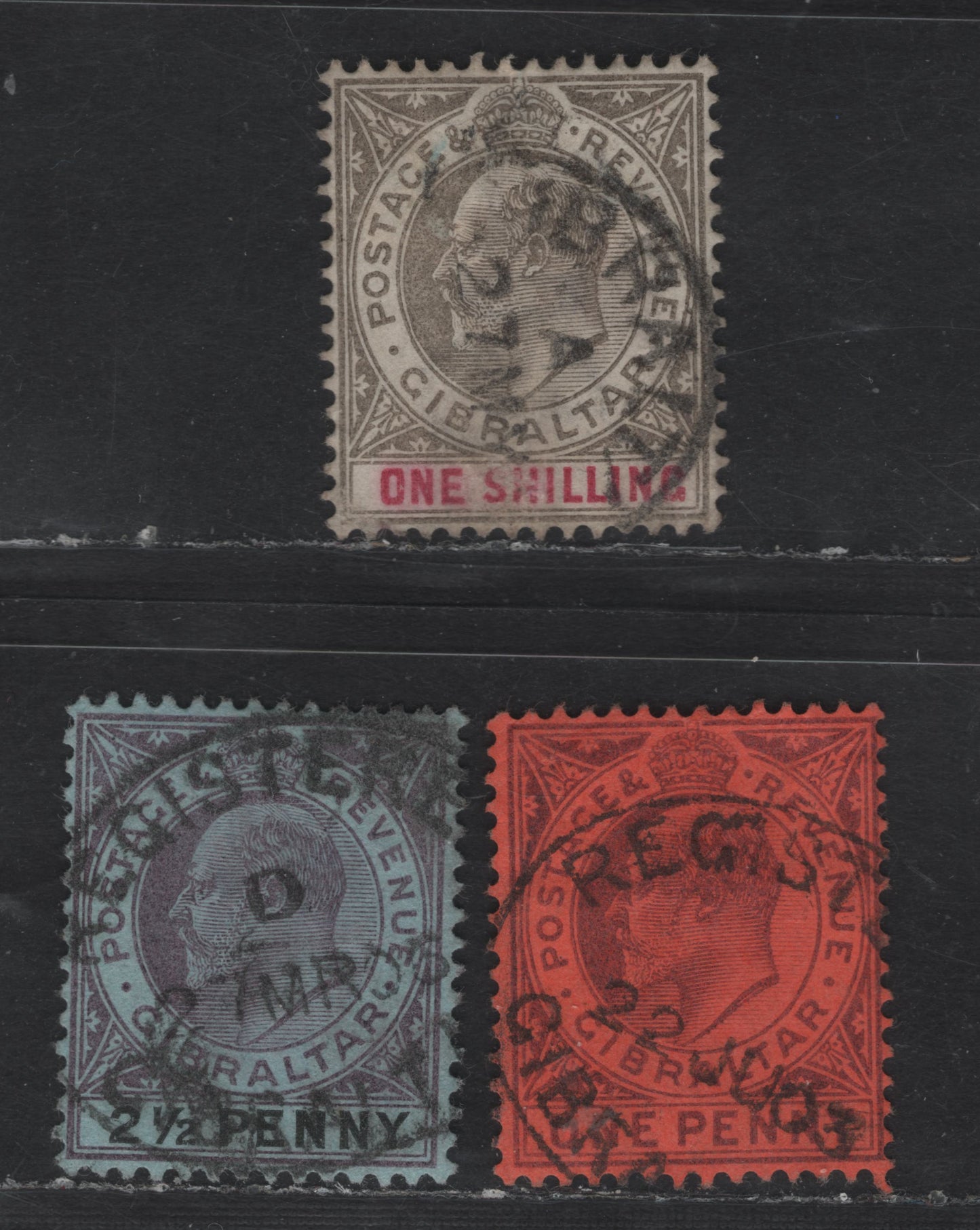 Lot 182 (C) Gibraltar SG#47, 49, 51 1d - 1/- Dull Purple on Red - Gray & Carmine King Edward VII, 1903 King Edward VII Issue, 3 Fine Used Singles, Crown CA Wmk