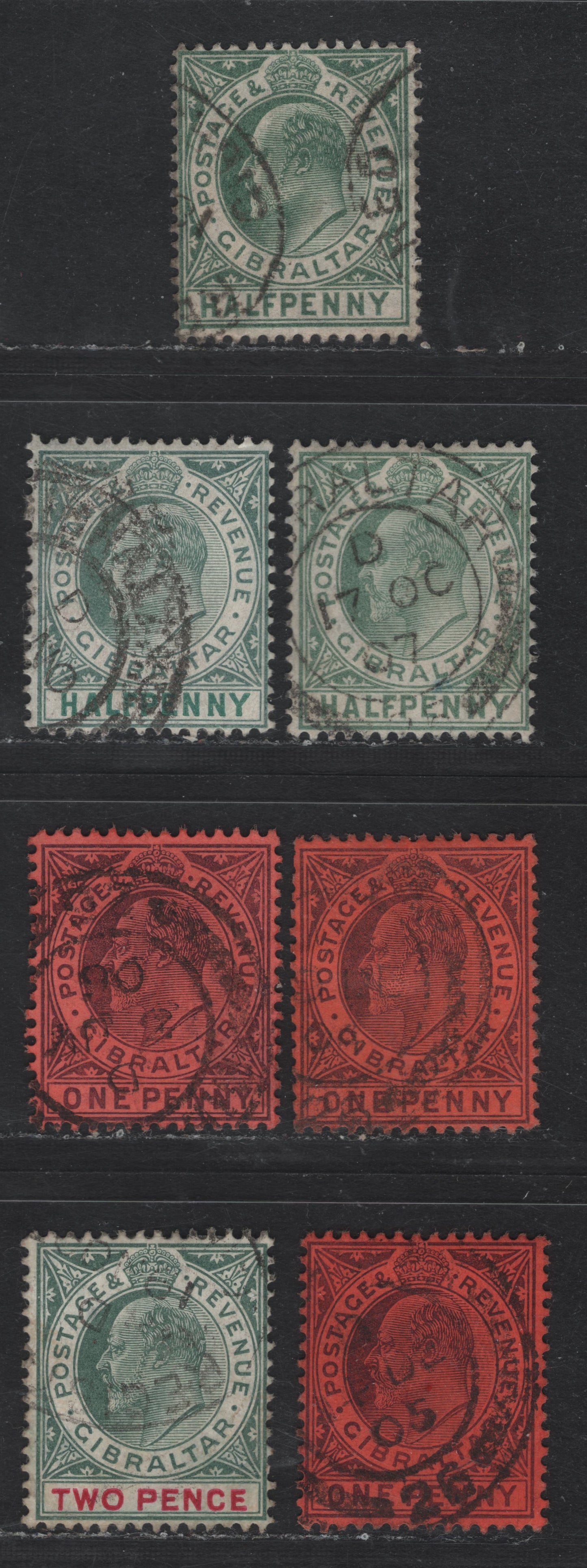 Lot 184 Gibraltar SG#56-a, 57-a, 58a 1/2d - 2d Dull & Bright Green - Gray Green & Carmine King Edward VII, 1904-1908 King Edward VII Issue, 5 Fine/Very Fine Used Singles, Multiple Crown CA Wmk, Ordinary & Chalky (2d) Papers