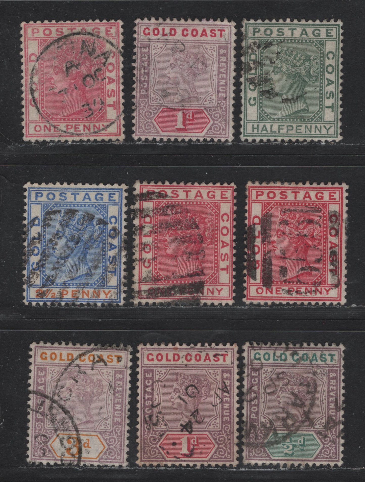 Lot 185 Gold Coast SG#11a, 12-a, 14, 26-27, 29 1/2d - 3d Dull Green - Dull Mauve & Orange Queen Victoria, 1884-1902 Queen Victoria Keyplate Issue, 7 Fine/Very Fine Used Singles, Crown CA Wmk