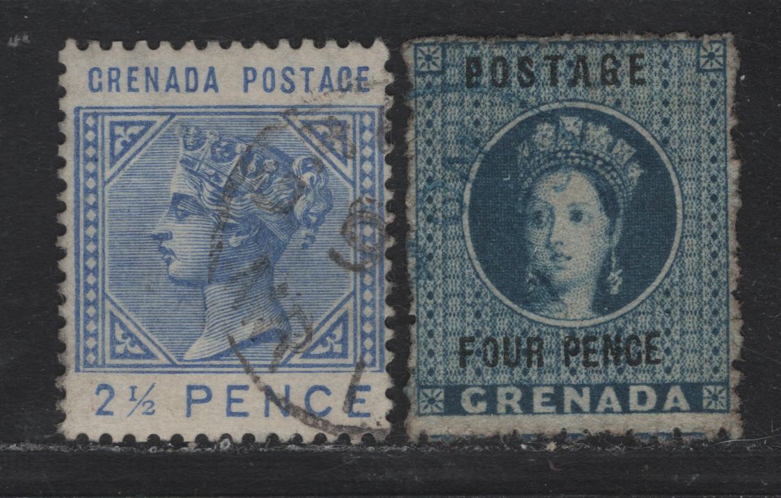 Lot 187 Grenada SG#23, 32 4d - 2.5d Blue - Ultramarine Queen Victoria, 1881-1883 Perkins Bacon Chalon Surcharged Issues, 2 Very Fine Used Singles, Crown CA Wmk