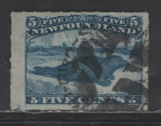 Lot 19 Newfoundland #40 5c Blue Harp Seal, 1876-1879 3rd Cents Issue, A Fine Used Single, Imprint Example, Showing The Very End Of The Imprint At Lower Left