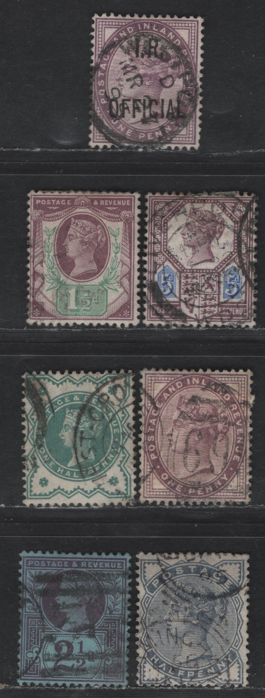 Lot 193 (C) Great Britain SG#187, 213, 201, 173, 198, 207a, O3 1/2d - 1d Slate Blue - Lilac Queen Victoria, 1884-1901 Queen Victoria - Jubilee Issues, 7 Fine/Very Fine Used Singles