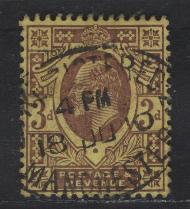 Lot 198 (C) Great Britain SG#234 3d Purple on Lemon King Edward VII, 1902-1910 King Edward VII Issue, A Very Fine Used Single, De la Rue Printing, Chalk Surfaced Paper, July 18, 1910 Manchester Registered Cancel.