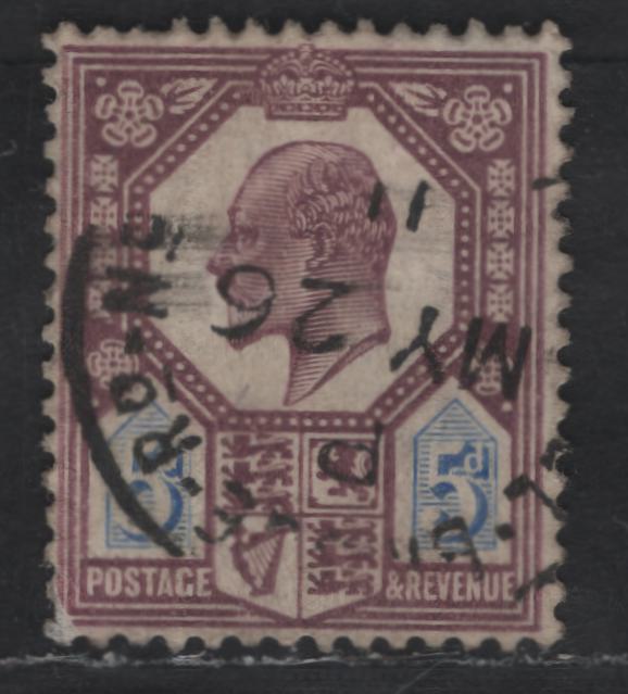 Lot 199 Great Britain SG#242a 5d Dull Purple & Ultramarine King Edward VII, 1902-1910 King Edward VII Issue, A Fine Used Single, De la Rue Printing Chalk Surfaced Paper VF Centering, Light Cancel, Small Corner Crease At Lower Left.