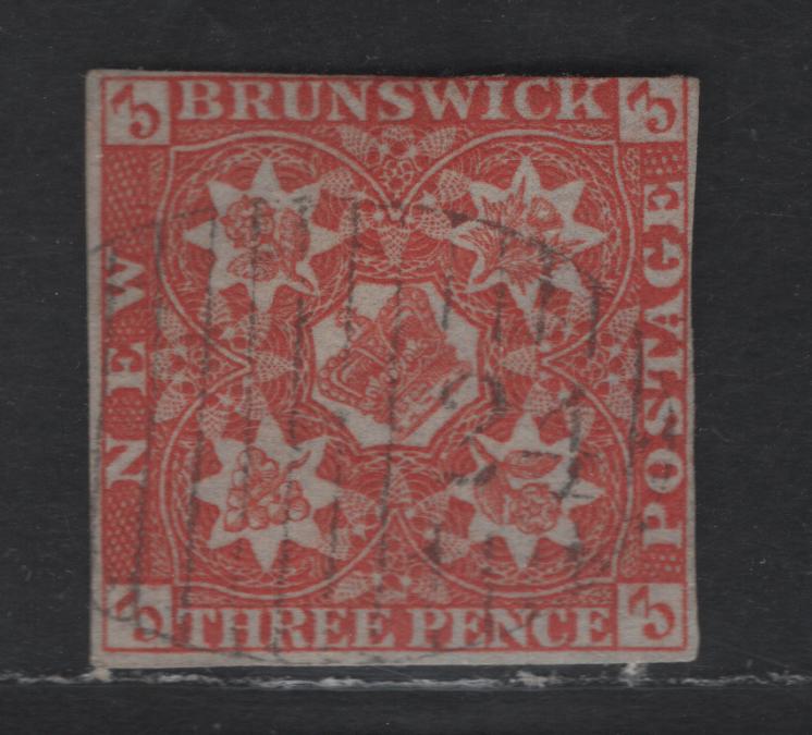 Lot 2 (C) New Brunswick #1a 3d Dark Red Flowers, 1851 Pence Issue, A Fine Used Imperf Single, Bluish Paper, Clear Strike Of The Very Rare #24 Grid Cancel For Sackville