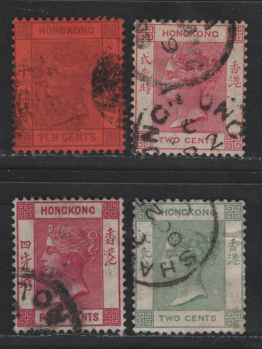 Lot 201 (C) Hong Kong SG#33, 38, 56-57 2c - 4c Carmine Queen Victoria, 1882-1901 Queen Victoria Keyplates Issue, 4 Fine/Very Fine Used Singles, Crown CA Wmk