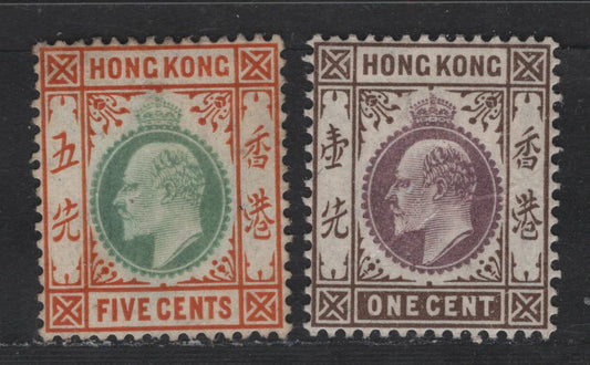 Lot 202 Hong Kong SG#62, 79a 1c - 5c Dull Purple & Brown - Dull Green & Brown Orange King Edward VII, 1903-1910 King Edward VII Issue, 2 VFOG & Unused Singles, Chalk Surfaced Paper, Crown CA & Mult Crown CA Wmks