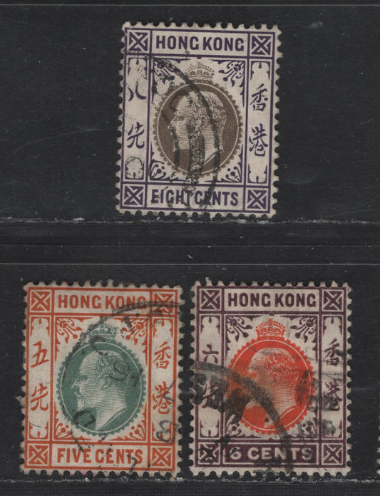 Lot 204 Hong Kong SG#79a, 80, 94 5c - 8c Dull Green & Orange Brown - Slate & Violet King Edward VII, 1904-1911 King Edward VII Issue, 3 Fine/Very Fine Used Singles, Multiple Crown CA Wmk, Chalky Paper, Small Margin Tear On 5c.