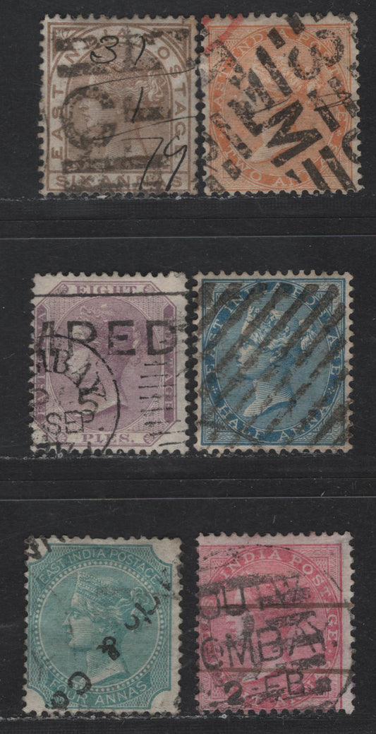Lot 205 (C) India SG#52, 62, 69, 73, 75, 81 1/2a - 6a Deep Blue - Pale Brown Queen Victoria, 1860-1876 Queen Victoria Surface Printed Issue, 6 Very Good/Fine/Very Fine Used Singles, Elephants Head Wmk, 1/2a & 8a Are Die 2, 4a Is Die 1