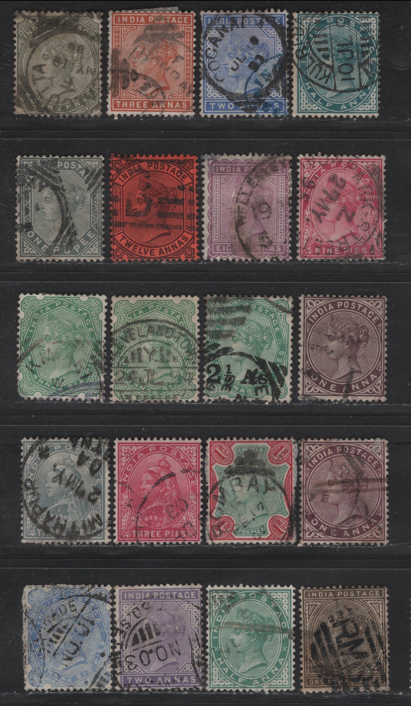 Lot 206 (C) India SG#84, 87-89, 90, 92, 94-95, 98, 100-104, 106, 111-112, 114, 116, 118 1/2a - 2a6p Deep Blue Green - Ultramarine Queen Victoria, 1882-1902 Queen Victoria Keyplates Issue, 20 Fine/Very Fine Used Singles