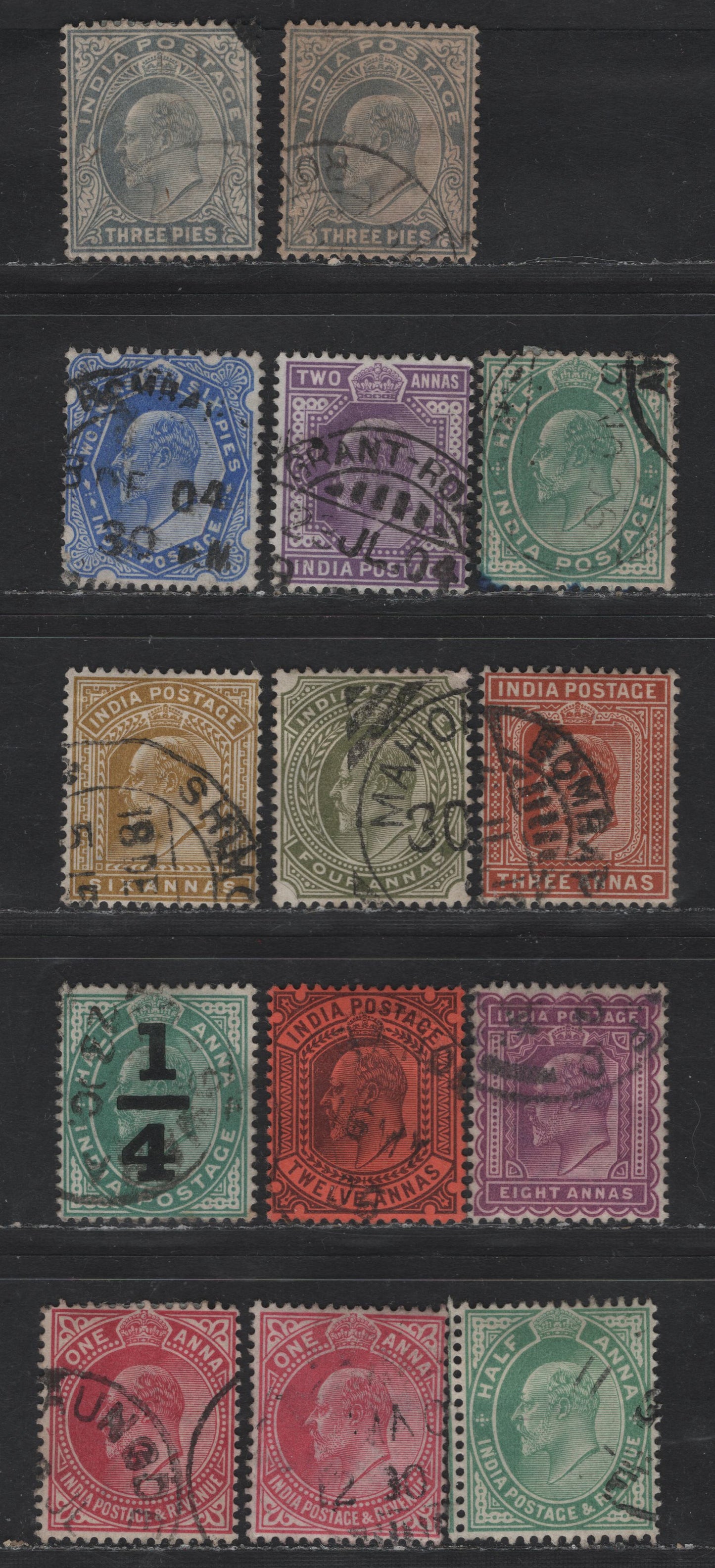 Lot 208 (C) India SG#119-121, 124, 126-128, 132-133, 135, 148-150 3p - 12a Gray - Purple on Red King Edward VII, 1902-1911 King Edward VII Issue, 13 Fine/Very Fine Used Singles
