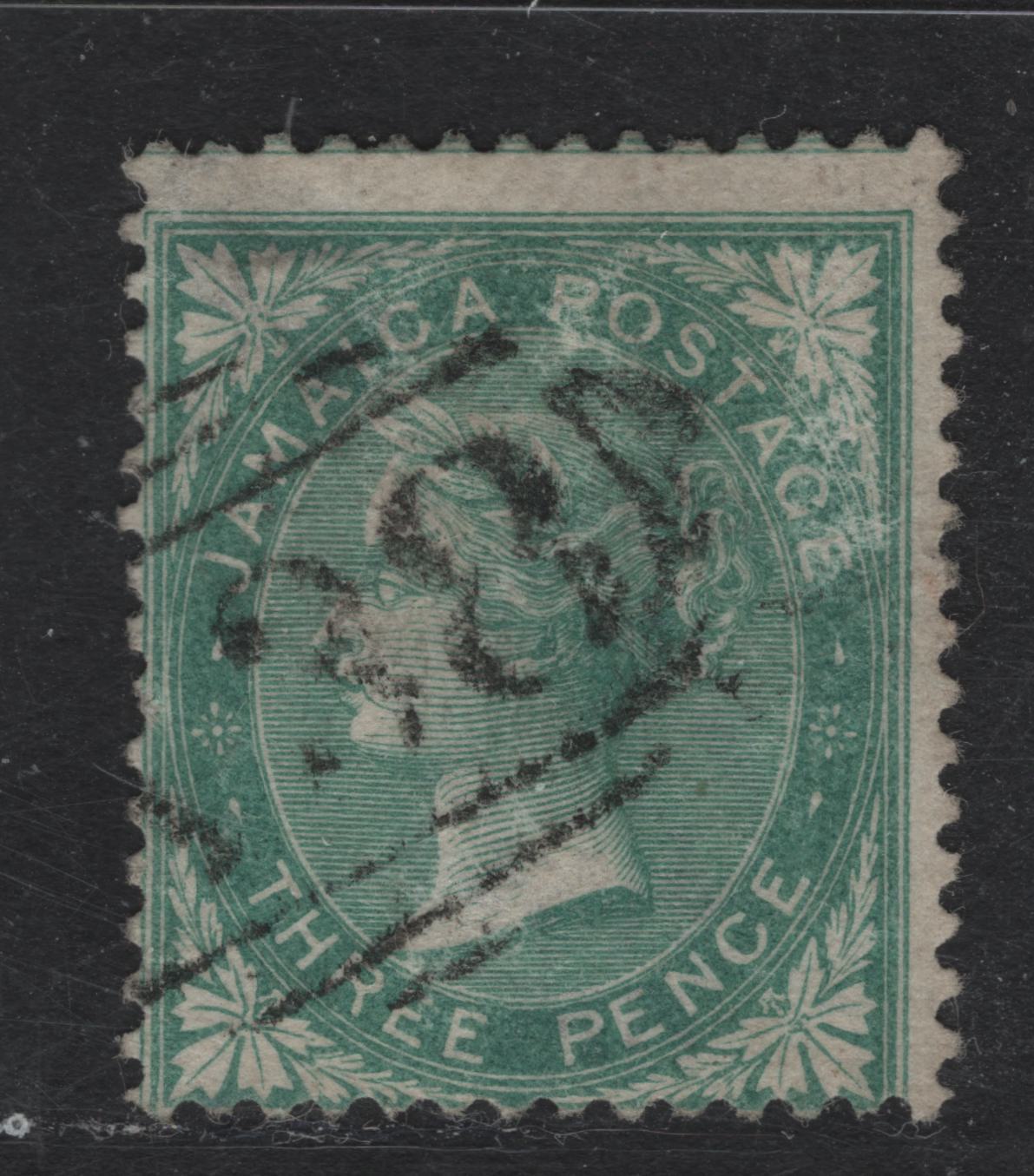 Lot 211 (C) Jamaica SG#3 3d Green Queen Victoria, 1860-1870 Queen Victoria Keyplate Issue, A Good Used Single, Pineapple Wmk, Shallow Thin At UR