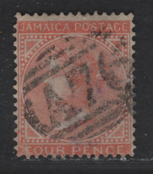 Lot 212 (C) Jamaica SG#4a 4d Red Orange Queen Victoria, 1860-1870 Queen Victoria Keyplate Issue, A Very Good Used Single, Pineapple Wmk, A76 'Spanish Town' Cancel