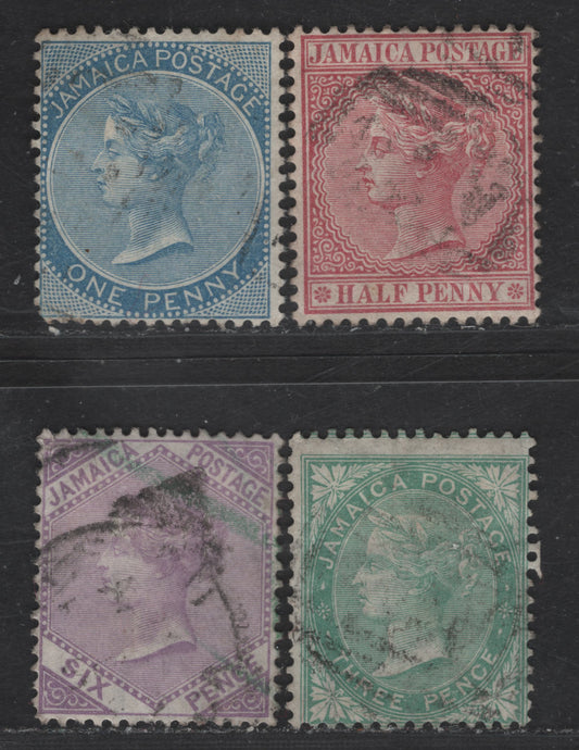 Lot 216 Jamaica SG#7-8, 10, 12 1/2d - 6d Claret - Mauve Queen Victoria, 1870-1883 Queen Victoria Keyplate Issue, 4 Fine/Very Fine Used Singles, Crown CC Wmk