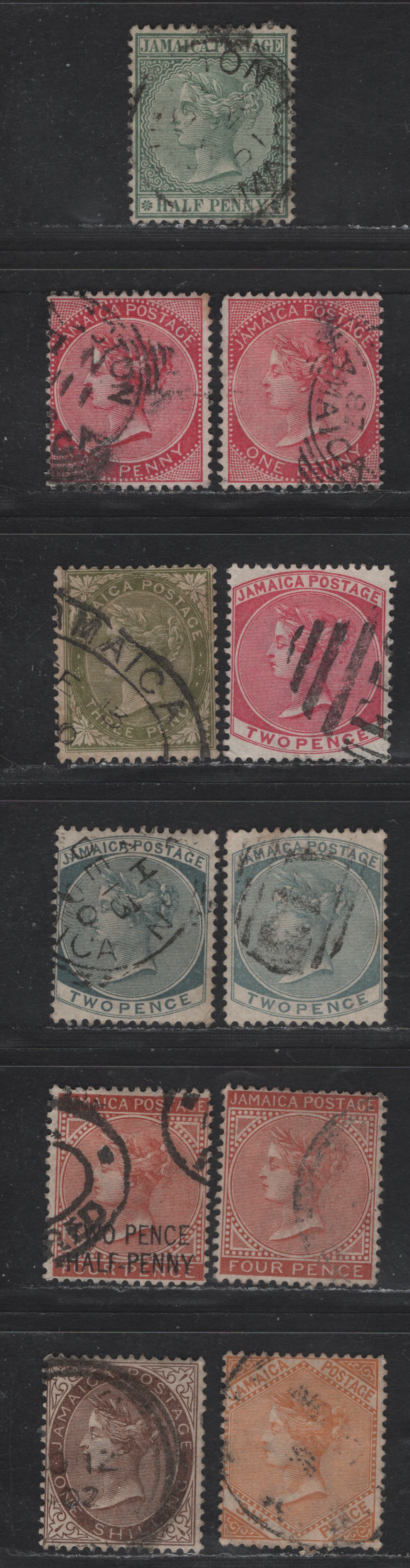 Lot 217 (C) Jamaica SG#16a, 18-a, 19, 20a, 21, 22b, 20, 23a, 24b, 30 1/2d - 1/- Green - Chocolate Queen Victoria, 1883-1897 Queen Victoria Keyplate Issue, 11 Fine Used Singles, Crown CA Wmk