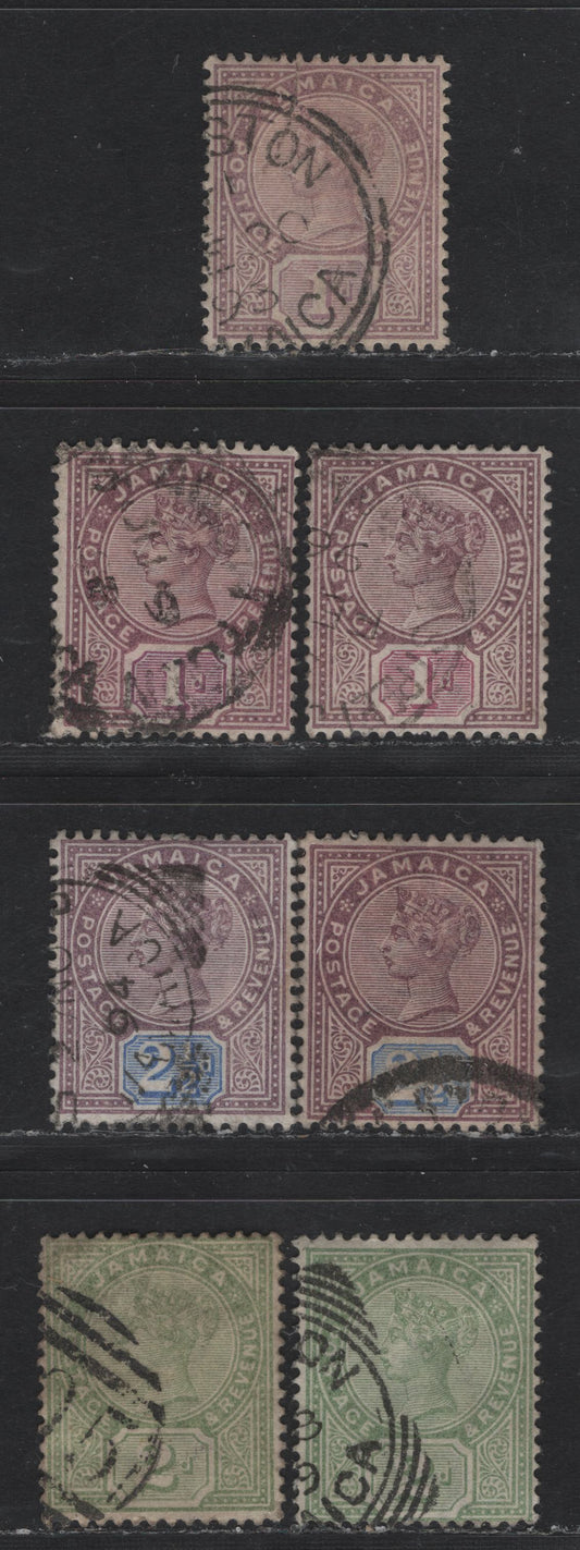 Lot 219 (C) Jamaica SG#27-28a, 29 1d - 2.5d Purple & Mauve - Dull Purple & Blue Queen Victoria, 1889-1891 Queen Victoria Bicolored Keyplate Issue, 4 Fine/Very Fine Used Singles, Unlisted Shades of 1d & 2.5d, Both Green & Deep Green Shades