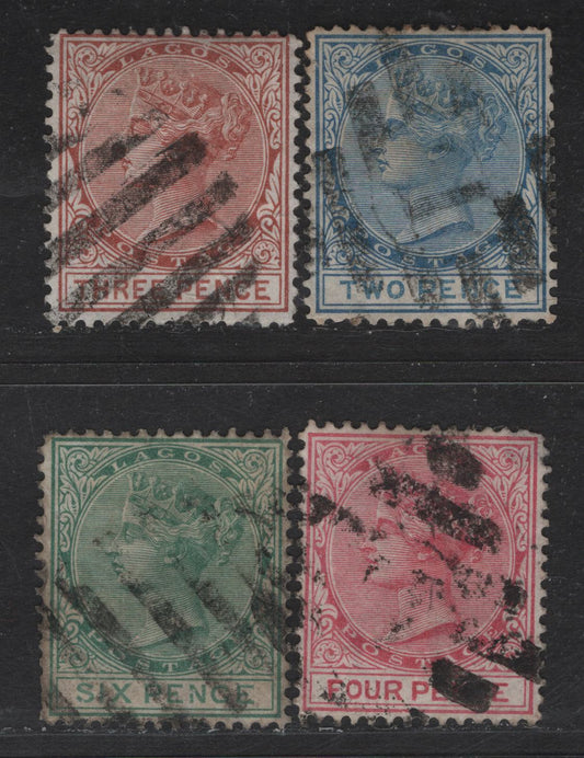 Lot 225 Lagos SG#11-12, 14-15 2d - 6d Blue - Green Queen Victoria, 1876-1879 Queen Victoria Keyplate, 4 Very Good/Fine Used Singles, Crown CC Wmk, Perf 14