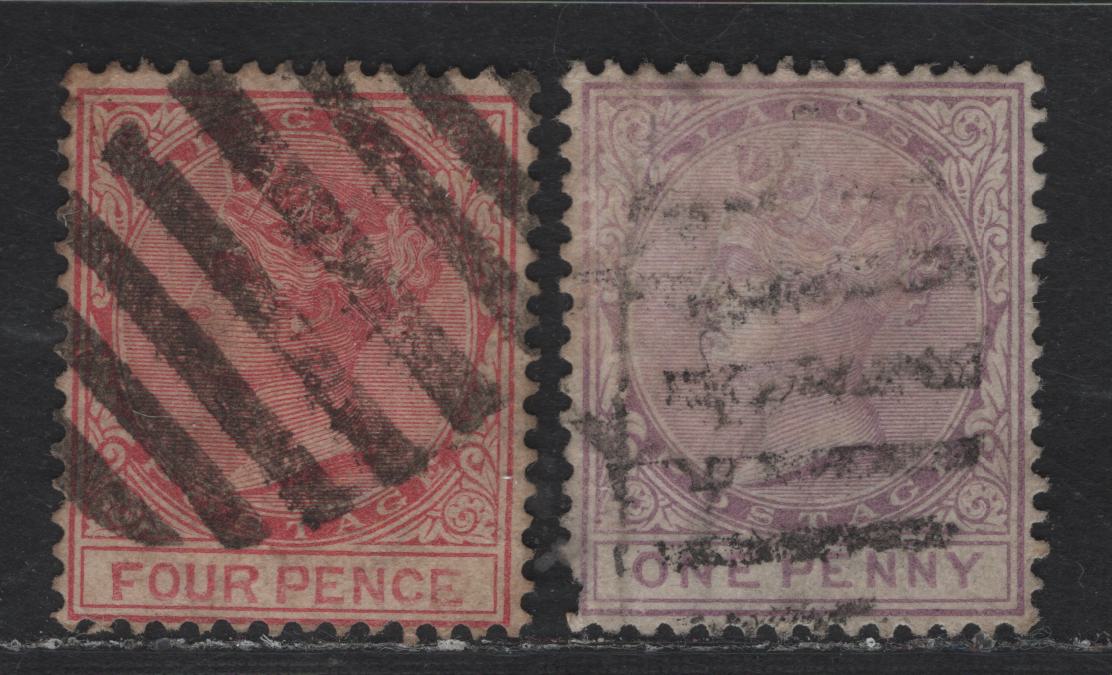 Lot 227 Lagos SG#17, 20 1d - 4d on 2d Lilac Mauve - Rose Carmine Queen Victoria, 1882-1884 Queen Victoria Keyplate, 2 Very Good/Fine Used Singles, Crown CA Wmk, Original Colors, Used Examples 1d With Pulled Perf.