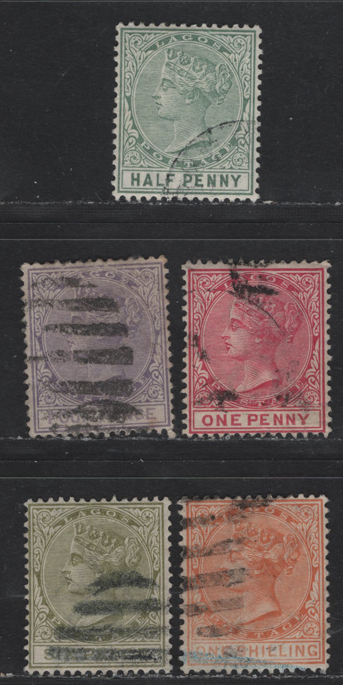 Lot 228 Lagos SG#21-22, 24-26 1/2d - 1/- Green - Brownish Orange Queen Victoria, 1884-1886 Queen Victoria Keyplate, 5 Fine/Very Fine Used Singles, Crown CA Wmk