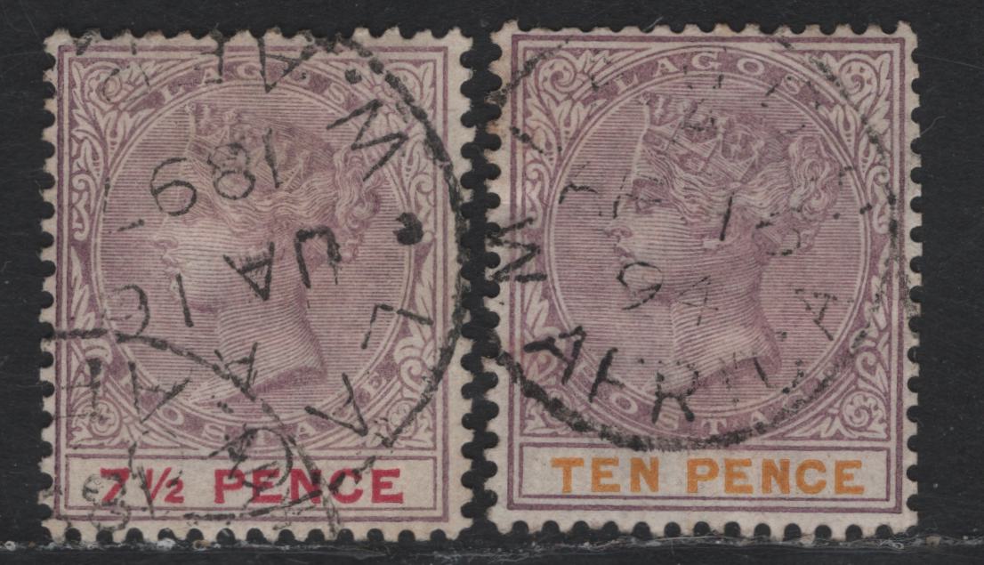 Lot 230 Lagos SG#36-37 7.5d - 10d Dull Mauve & Carmine - Dull Mauve & Yellow Queen Victoria, 1887-1902 Queen Victoria Bicolored Keyplate Issue, 2 Fine Used Singles, F/VF Appearing CDS Used Examples
