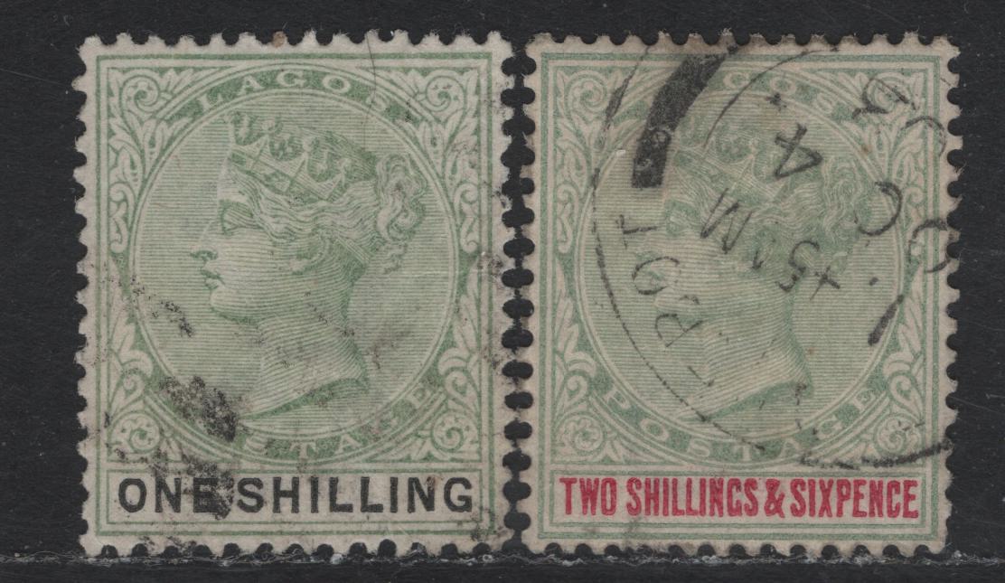 Lot 231 Lagos SG#38-39 1/- - 2/6 Yellow Green & Black - Yellow Green & Carmine Queen Victoria, 1887-1902 Queen Victoria Bicolored Keyplate Issue, 2 Very Fine Used Singles, Crown CA Wmk