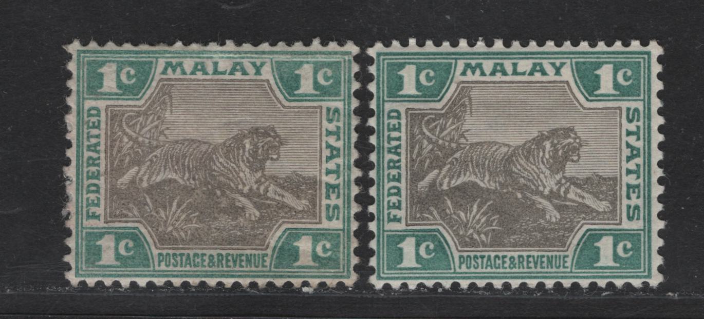 Lot 234 (C) Malayan Federation SG#15a 1c Gray & Green Tigers, 1900-1901 Tiger Definitives, 2 VFOG Singles, Crown CA Wmk