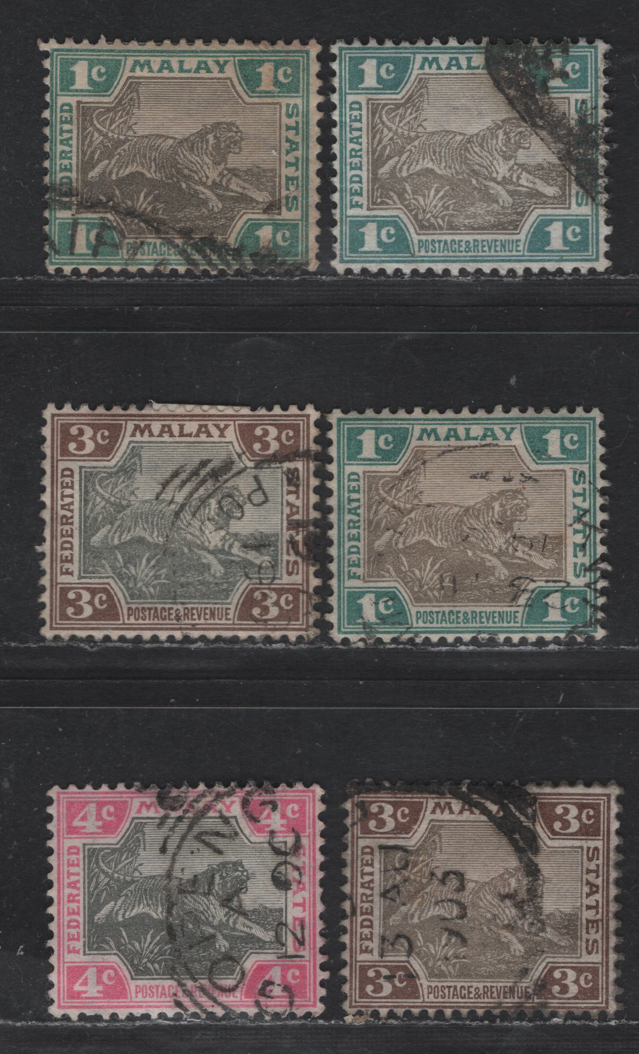 Lot 235 (C) Malayan Federation SG#15a-b, 16a-b, 17a 1c - 4c Gray & Green - Gray & Rose Tigers, 1900-1901 Tiger Definitives, 5 Very Fine Used Singles, Crown CA Wmk