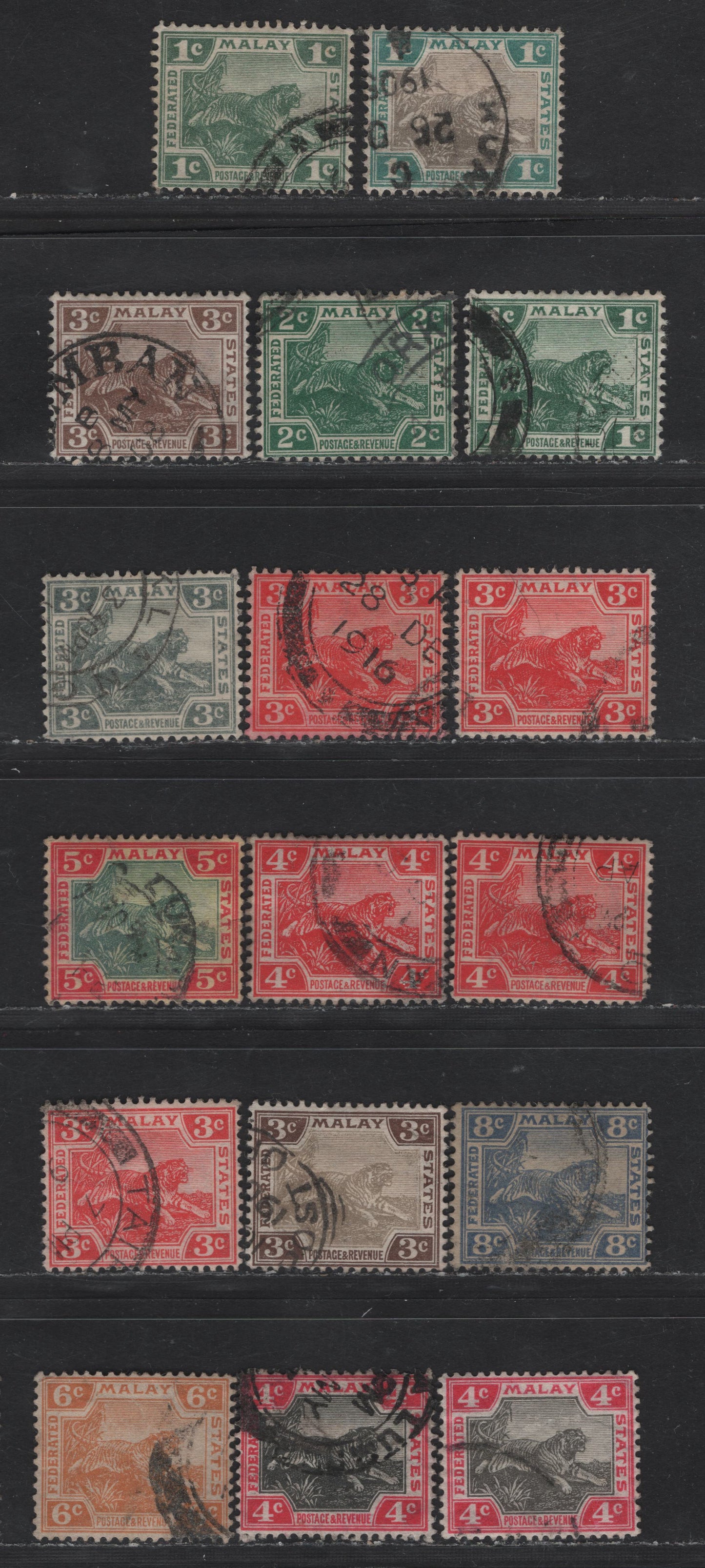 Lot 236 (C) Malayan Federation SG#27, 29-a, 31-34,b, 35, 36,d,dw, 38, 39e, 40, 42 Gray & Green - Ultramarine  Tigers, 1901-1922 Tiger Definitives, 17 Fine/Very Fine Used Singles, MCA Wmk, Die 2
