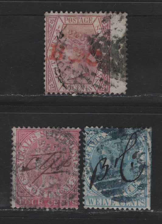 Lot 241 Straits Settlements SG#12, 15, 17 4c - 30c Rose - Claret Queen Victoria, 1867-1872 Queen Victoria Keyplates Issue, 3 Fair/Very Good/Fine Used Singles, Crown CC Wmk
