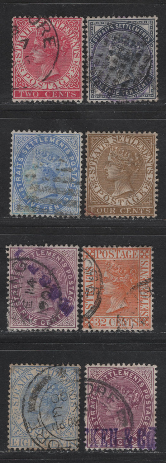 Lot 242 Straits Settlements SG#53, 63a, 64b, 65, 70, 100-101 10c - 8c Slate - Ultramarine Queen Victoria, 1882-1899 Queen Victoria Keyplates Issue, 7 Fine/Very Fine Used Singles, Crown CA Wmk