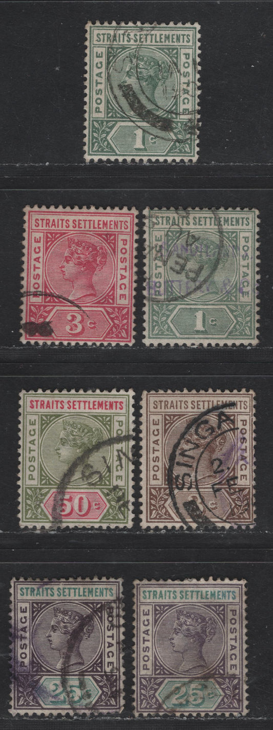 Lot 245 Straits Settlements SG#95-97, 103-103c, 104 1c - 50c Deep Dull Green - Olive Green & Carmine Queen Victoria, 1892-1899 Queen Victoria Imperium Keyplates, 7 Fine/Very Fine Used Singles