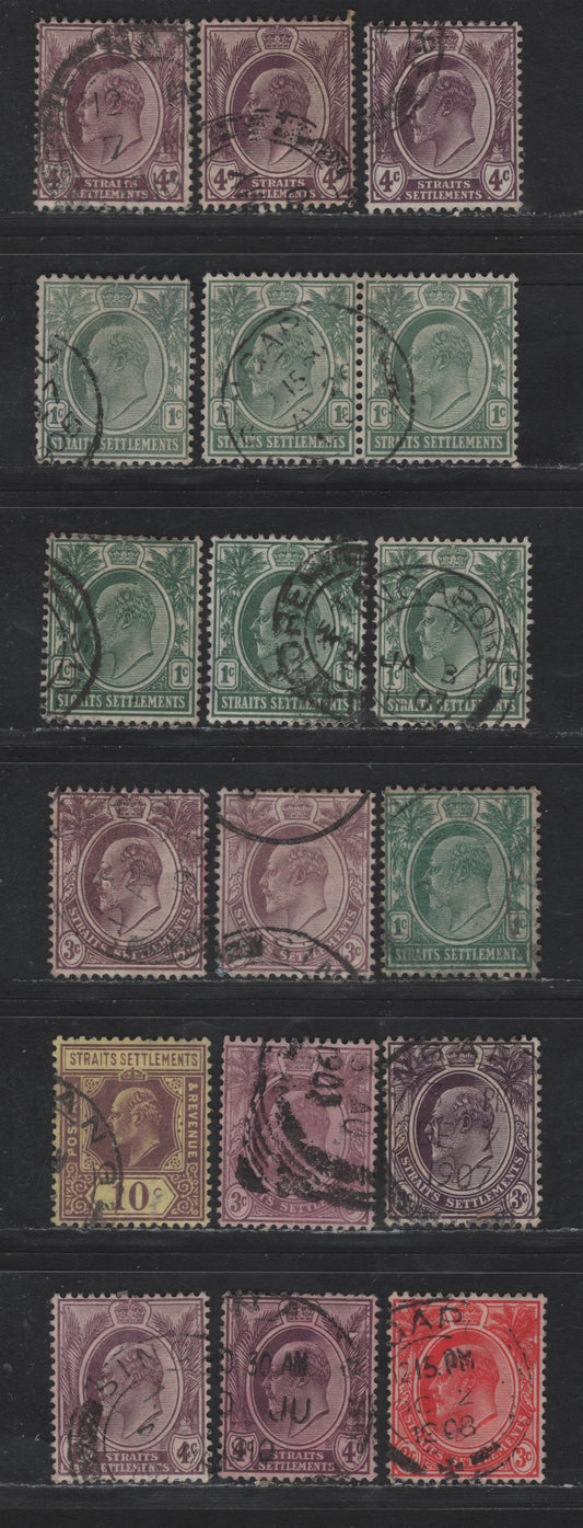 Lot 247 Straits Settlements SG#127, b, 128-b, 132 1c - 4c Deep Green - Dull Purple King Edward VII, 1904-1912 Kign Edward VII Keyplates, 18 Fine/Very Fine Used Singles, Multiple Crown CA Wmk, Chalk Surfaced Paper Examples of The 3c & 4c