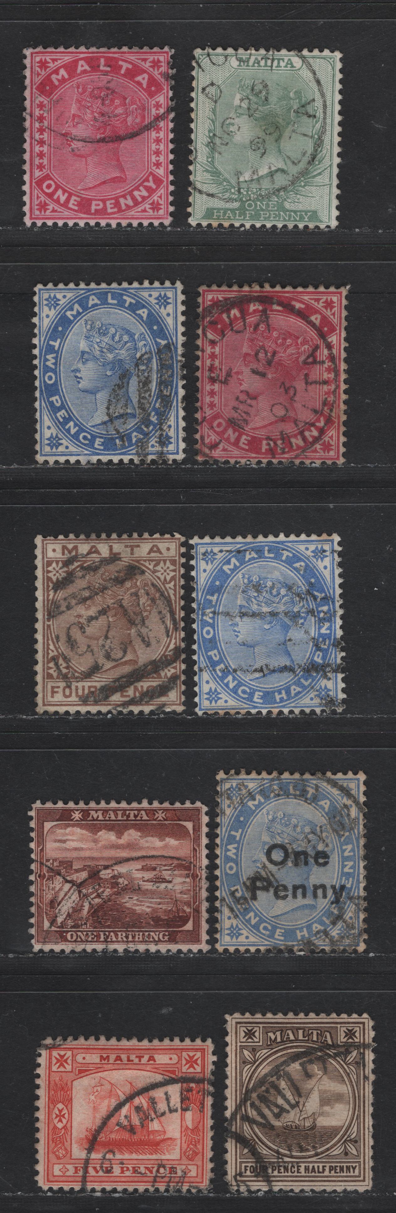 Lot 250 (C) Malta SG#20, 22, 25-27, 31w, 32-33 1/2d - 5d Green - Vermillion Queen Victoria, 1885-1901 Queen Victoria Keyplates & Valetta Harbor/Ship Issues, 8 Fine/Very Fine Used Singles, Crown CA Wmk