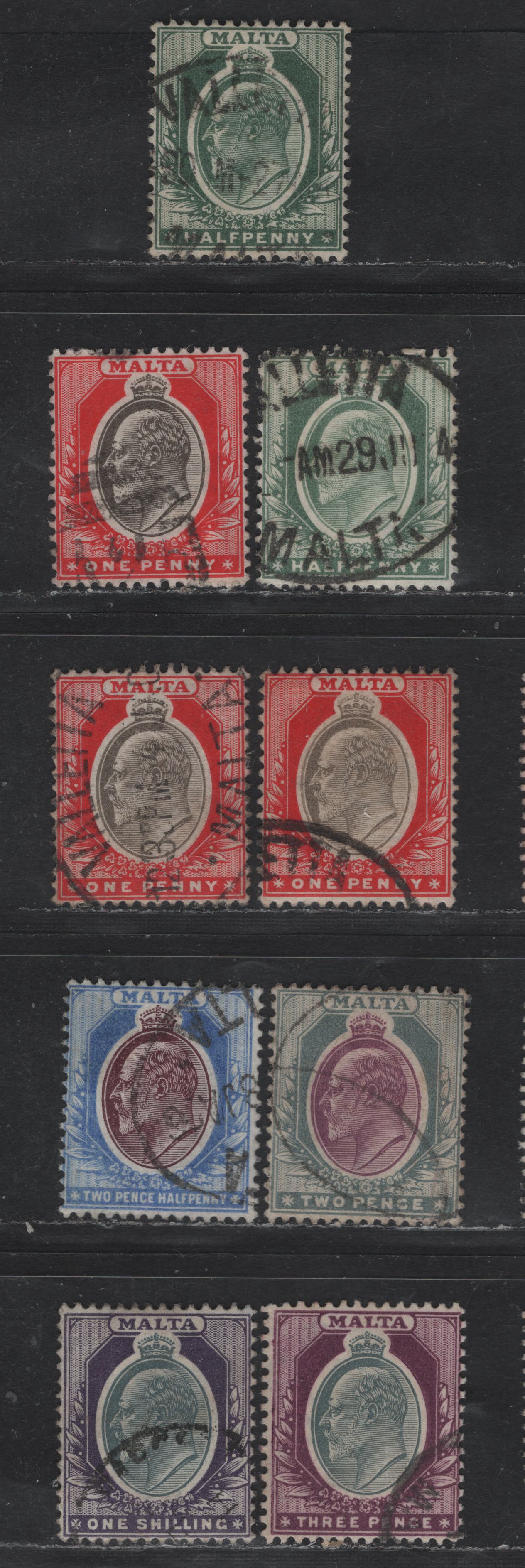 Lot 251 (C) Malta SG#38-42, 44 1/2d - 1/- Green - Gray & Violet King Edward VII, 1903-1904 King Edward VII Issue, 8 Fine/Very Fine Used Singles, Crown CA Wmk, Extra Shades Of 1/2d & 1d