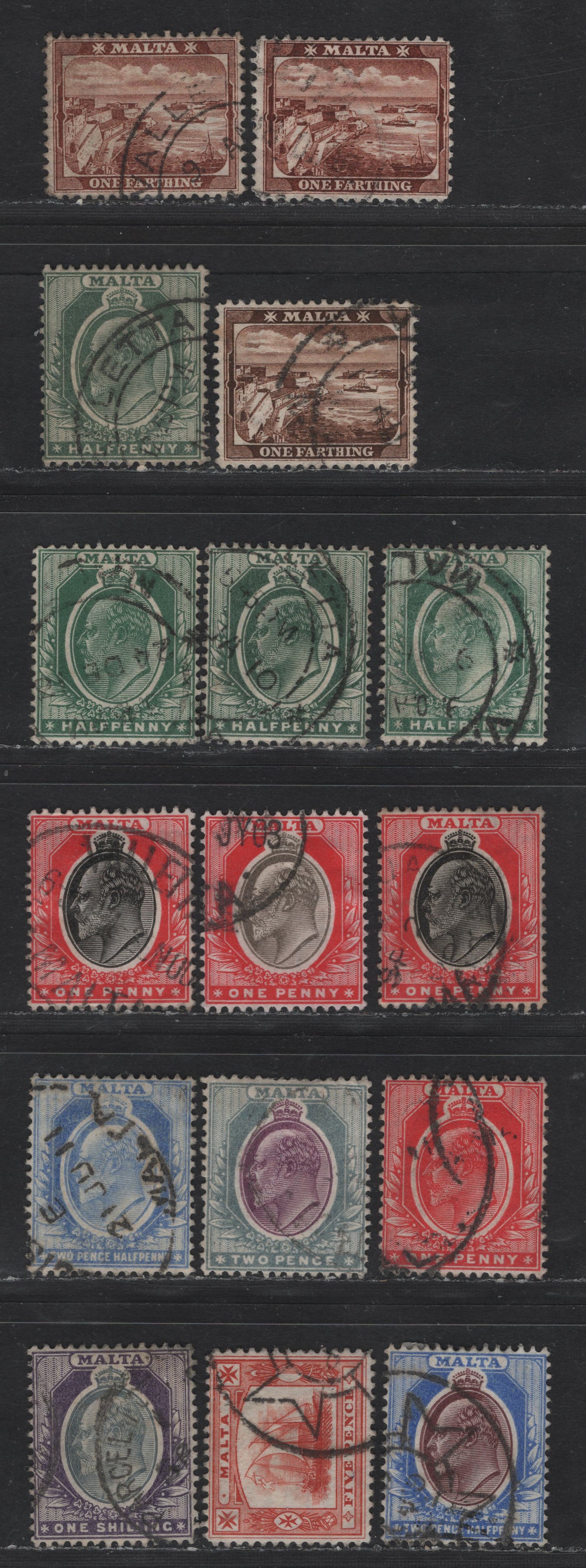 Lot 252 (C) Malta SG#45-a, 47, 47b, 48-50, 53, 59, 61 1/4d - 1/- Red Brown - Gray Violet King Edward VII, 1904-1914 King Edward VII & Valetta Harbor/Ship Issues, 10 Fine/Very Fine Used Singles, Multiple Crown CA Wmk