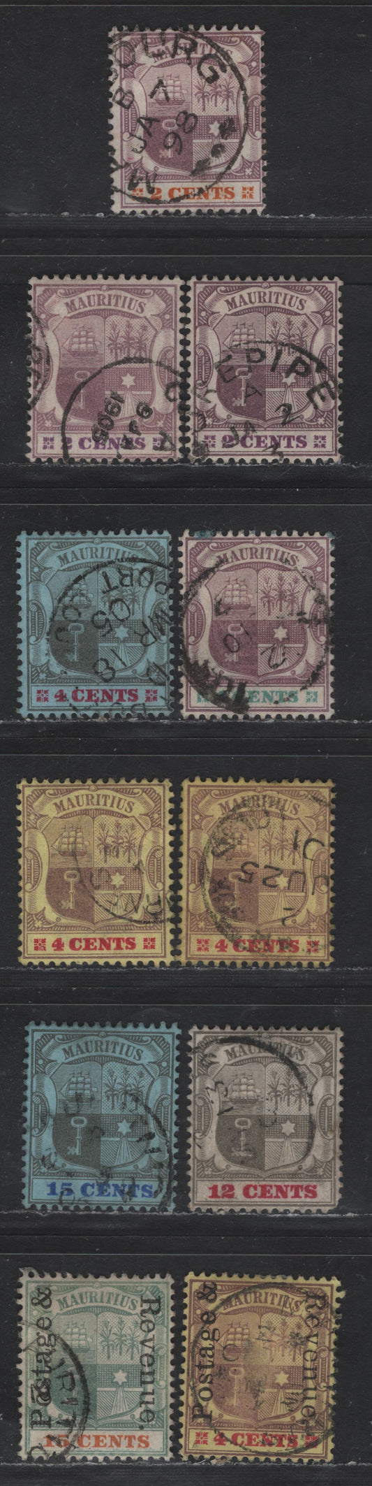 Lot 255 Mauritius SG#139, 128, 141-143, 148, 150, 157, 159 2c - 15c Purple & Orange - Black & Blue on Blue Arms, 1895-1905 Arms Keyplates, 9 Fine/Very Fine Used Singles, Crown CA Wmk