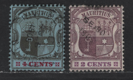 Mauritius SG#165, 167a 2c - 4c Dull & Bright Purple - Black & Carmine on Blue Arms, 1904-1907 Arms Keyplates, 2 Very Fine Used Singles, 2c On Ordinary Paper, 4c On Chalk Surfaced Paper, Multiple Crown CA Wmk.