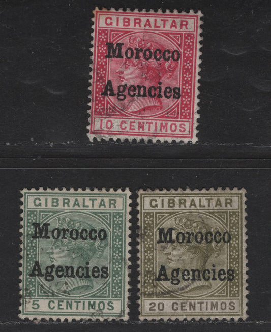 Lot 260 (C) Morocco Agencies SG#1-3 5c - 20c Green - Olive Green & Brown Queen Victoria, 1898-1899 Queen Victoria Keyplates, 2 Very Fine Used Singles, Setting 1 Overprint
