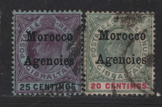 Lot 262 Morocco Agencies SG#26-27 20c - 25c Gray Green & Carmine - Purple & Black On Blue King Edward VII, 1905-1906 King Edward Vii Overprinted Issue, 2 Fine/Very Fine Used Singles, Multiple Crown CA Wmk