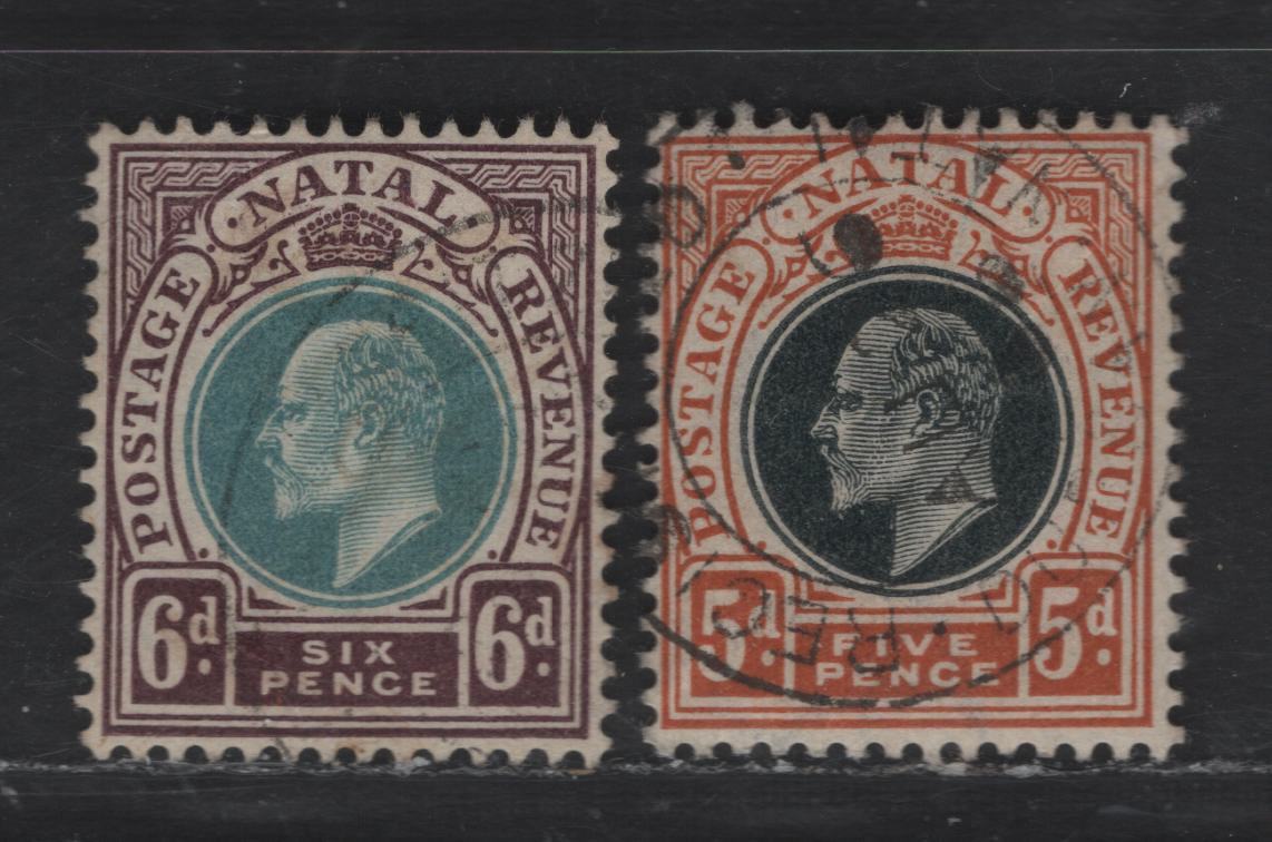 Lot 265 (C) Natal SG#134-135 5d - 6d Black & Orange - Green & Brown Purple King Edward VII, 1902-1903 King Edward VII Issue, 2 Fine/Very Fine Used Singles, Crown CA Wmk