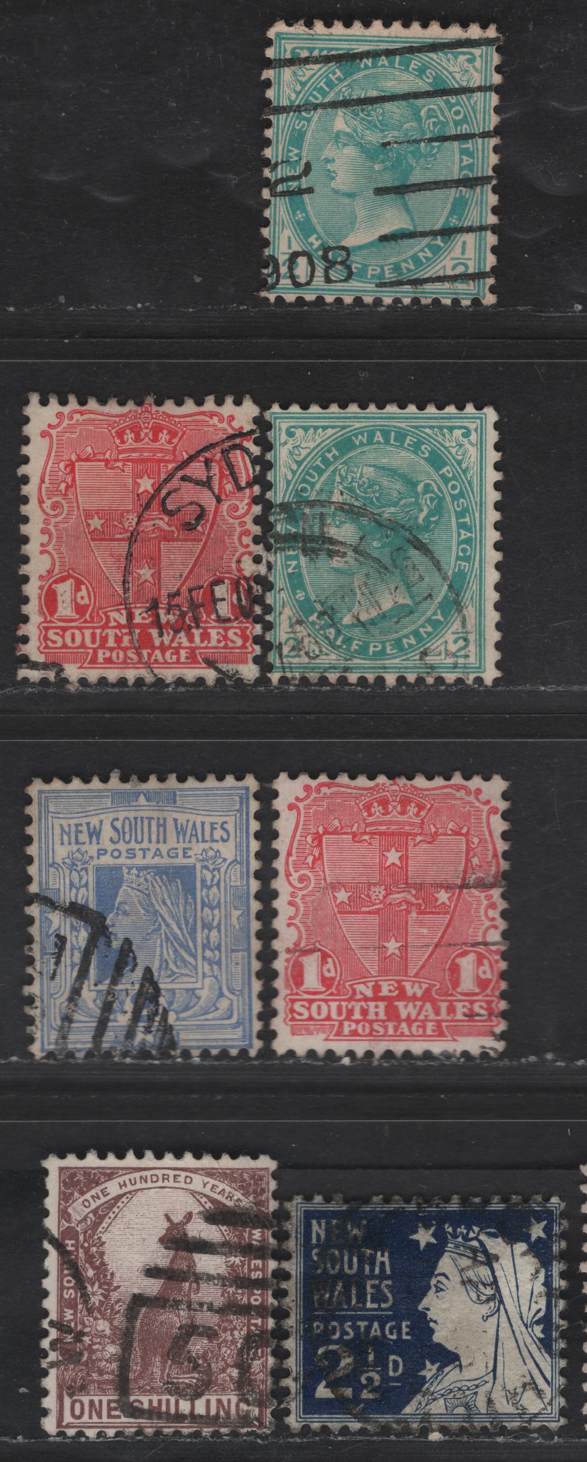 Lot 268 (C) New South Wales SG#333,b, 334-35, 337, 348 1/2d - 1/- Blue Green - purple brown Arms, Queen Victoria - Centenary Designs, 1905-1910 Arms, Queen Victoria & Centenary Issues, 6 Fine/Very Fine Used Singles, Crown over A Wmk, Perf 12x11/5