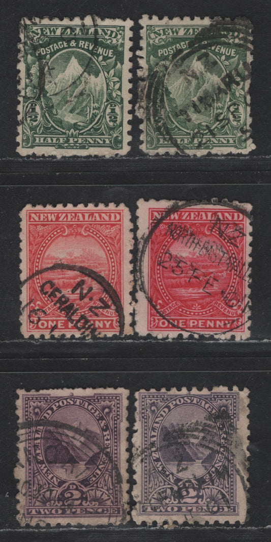New Zealand SG#273a-b, 274-a, 276, 276c 1/2d - 2d Yellow Green - Purple Mount Cook - Mountains, 1900 Pictorial Issue, 6 Fine/Very Fine Used Singles, Pirie Paper, Double Lined Star Under NZ Wmk